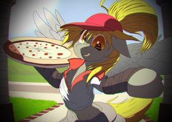 Size: 4093x2894 | Tagged: safe, artist:coreboot, artist:kpvt, imported from derpibooru, derpy hooves, pegasus, pony, cheese pizza, clothes, crossover, food, hat, league of legends, pizza, pizza delivery, sivir