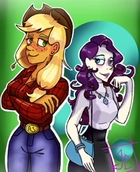 Size: 1300x1600 | Tagged: safe, artist:crazydarknes666, imported from derpibooru, applejack, rarity, equestria girls, abstract background, blushing, clothes, crossed arms, duo, female, freckles, hat, pants, purse, signature, smiling, straw in mouth