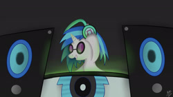 Size: 1920x1080 | Tagged: safe, artist:matyas451, imported from derpibooru, dj pon-3, vinyl scratch, unicorn, disc jockey, female, green, headphones, mare, smiling, solo, speaker, turntable