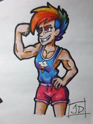 Size: 1548x2064 | Tagged: safe, alternate version, artist:crazydarknes666, imported from derpibooru, rainbow dash, human, alternate hairstyle, clothes, cutie mark, cutie mark on clothes, female, flexing, humanized, mohawk, shorts, signature, smiling, solo, traditional art
