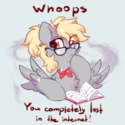 Size: 2300x2300 | Tagged: safe, artist:mirtash, imported from derpibooru, derpy hooves, pegasus, pony, 404, book, bowtie, cheek fluff, chest fluff, cute, derpabetes, dialogue, ear fluff, female, fluffy, frown, glasses, gray background, i just don't know what went wrong, looking at you, mare, raised eyebrow, simple background, solo, sparkles, spread wings, text, thinking, wings