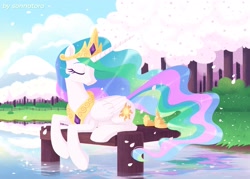 Size: 1813x1299 | Tagged: safe, artist:sonnatora, imported from derpibooru, princess celestia, alicorn, pony, eyes closed, female, hoof shoes, pier, prone, smiling, solo, water