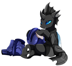 Size: 3030x2800 | Tagged: safe, artist:pridark, imported from derpibooru, oc, oc only, oc:captain black lotus, changeling, armor, blue eyes, changeling armor, changeling oc, cloth, commission, helmet, high res, polishing, simple background, sitting, solo, towel, transparent background