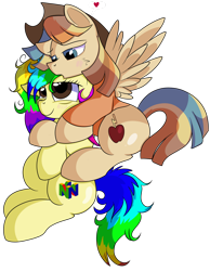 Size: 1280x1650 | Tagged: safe, artist:rainbowtashie, imported from derpibooru, oc, oc:rainbow tashie, oc:spicy cider, pony, clothes, commissioner:bigonionbean, cowboy hat, cutie mark, female, fusion:braeburn, fusion:spicy cider, fusion:wind waker, hat, husband and wife, loving gaze, male, mare, oc x oc, romantic, shipping, simple background, stallion, stetson, straight, tired, transparent background, writer:bigonionbean