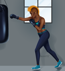 Size: 2480x2736 | Tagged: safe, artist:brokat8, imported from derpibooru, lightning dust, human, abs, alternate hairstyle, belly button, boxing, boxing gloves, clothes, dark skin, ear piercing, earring, elf ears, female, humanized, jewelry, leggings, midriff, mohawk, piercing, punch, punching bag, shoes, sneakers, solo, sports, sports bra, workout, workout outfit