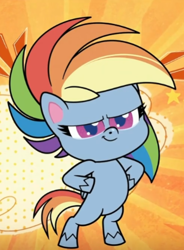 Size: 384x523 | Tagged: safe, imported from derpibooru, screencap, rainbow dash, pony, my little pony: pony life, the mysterious voice, spoiler:pony life s01e33, bipedal, cropped, female, g4.5, hooves on hips, mare, pose, proud, smiling, solo