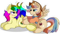 Size: 7900x4500 | Tagged: safe, imported from derpibooru, oc, oc:rainbow tashie, oc:spicy cider, earth pony, pegasus, pony, blushing, butt, butt touch, cheek squish, cheeky, clothes, commissioner:bigonionbean, cowboy hat, cutie mark, extra thicc, female, flank, fusion, fusion:braeburn, fusion:spicy cider, fusion:wind waker, hat, hoof on butt, husband and wife, male, mare, massage, oc x oc, playing, plot, pouting, scrunchy face, shipping, squishy butt, squishy cheeks, stallion, stetson, straight, teasing, the ass was fat, thicc ass, writer:bigonionbean