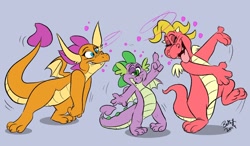 Size: 1200x703 | Tagged: safe, artist:betsythebeaver, artist:thedoggygal, imported from derpibooru, smolder, spike, dragon, cassie (dragon tales), cassie (dragontales), crossover, dragon tales, dragoness, drunk, drunker smolder, drunker spike, female, purple background, signature, simple background