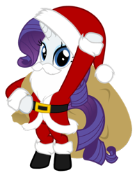 Size: 794x1024 | Tagged: artist needed, safe, imported from derpibooru, rarity, pony, unicorn, beard, belt, bipedal, boots, christmas, clothes, costume, fake beard, female, hat, holiday, looking at you, mare, sack, santa beard, santa claus, santa costume, santa hat, santa sack, shoes, simple background, solo, standing, transparent background, vector