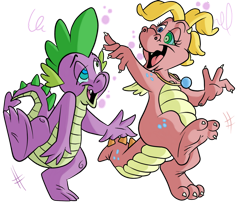 Size: 1024x829 | Tagged: safe, artist:jinkslizard, imported from derpibooru, spike, dragon, cassie (dragon tales), cassie (dragontales), crossover, dragon tales, dragoness, drunk, drunker spike, duo, duo male and female, female, male, simple background, stumbling, transparent background