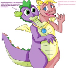 Size: 1280x1139 | Tagged: safe, artist:mojo1985, imported from derpibooru, spike, dragon, cassie (dragon tales), cassie (dragontales), conjoined, dialogue, dragon tales, dragoness, duo, female, fusion, male, multiple heads, simple background, spell gone wrong, two heads, two-headed dragon, wat, white background, winged spike, wings