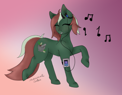 Size: 1800x1400 | Tagged: safe, artist:inanimatelotus, imported from derpibooru, oc, oc only, oc:herbal remedy, crystal pony, earth pony, pony, dancing, eyes closed, gradient background, happy, jamming out, listening to music, music notes, redraw, solo