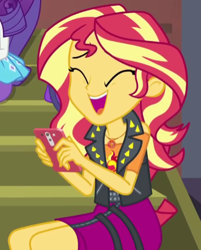 Size: 366x456 | Tagged: safe, imported from derpibooru, screencap, rarity, sunset shimmer, costume conundrum, equestria girls, equestria girls series, spoiler:eqg series (season 2), cropped, cute, eyes closed, female, geode of empathy, magical geodes, open mouth, phone, shimmerbetes, solo focus