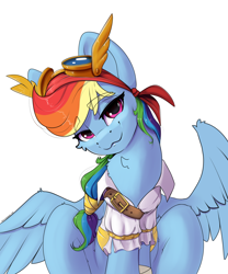 Size: 2500x3000 | Tagged: safe, artist:skitsniga, artist:skitsroom, imported from derpibooru, rainbow dash, pegasus, pony, my little pony: the movie, cheek fluff, clothes, cute, dashabetes, female, goggles, high res, lidded eyes, looking at you, pirate, pirate dash, simple background, sitting, smiling, solo, spread wings, white background, wings
