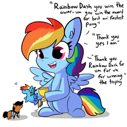 Size: 4110x4110 | Tagged: safe, artist:tjpones, imported from derpibooru, rainbow dash, pegasus, pony, comic:fillies, cute, dashabetes, dialogue, doll, editorial cutie mark, female, filly, filly rainbow dash, hoof hold, playing, simple background, sitting, solo, tjpones is trying to murder us, tooth gap, toy, trophy, um, white background, younger