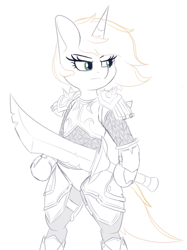 Size: 682x911 | Tagged: safe, artist:andelai, imported from derpibooru, oc, oc only, oc:celice, semi-anthro, unicorn, arm hooves, armor, bipedal, fantasy class, female, solo, sword, warcraft, warrior, weapon, world of warcraft