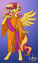 Size: 800x1320 | Tagged: safe, artist:omny87, imported from derpibooru, sunset shimmer, alicorn, anthro, unguligrade anthro, alicornified, clothes, female, mare, patreon, patreon reward, race swap, shimmercorn, signature, simple background, smiling, solo, spread wings, toga, wings