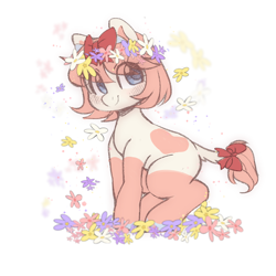 Size: 1600x1600 | Tagged: safe, artist:angelbeat-drift, derpibooru exclusive, imported from derpibooru, oc, oc:iwa, cow, cow pony, blushing, bow, female, floral head wreath, flower, hair bow, horn, mare, simple background, sitting, smiling, smiling at you, tail bow