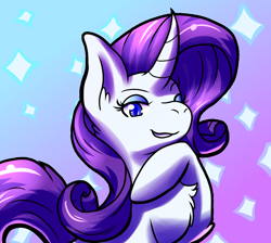 Size: 900x806 | Tagged: safe, artist:inika-xeathis, imported from derpibooru, rarity, pony, unicorn, abstract background, chest fluff, curved horn, female, hoof on chin, horn, mare, smiling, solo