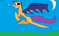 Size: 1122x690 | Tagged: safe, artist:pawstheartest, imported from derpibooru, scootaloo, bat pony, pony, 1000 hours in ms paint, bat ponified, crescent moon, fangs, female, filly, flying, moon, open mouth, race swap, scootabat, scootaloo can fly, solo, sombra eyes