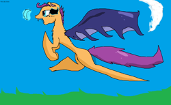 Size: 1122x690 | Tagged: safe, alternate version, artist:pawstheartest, imported from derpibooru, scootaloo, bat pony, pony, 1000 hours in ms paint, bat ponified, crescent moon, fangs, female, filly, flying, moon, open mouth, race swap, scootabat, scootaloo can fly, shading, solo, sombra eyes