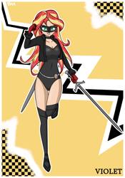 Size: 1750x2500 | Tagged: safe, artist:banquo0, imported from derpibooru, sunset shimmer, human, art pack:my little persona ii, breasts, cleavage, clothes, female, gloves, humanized, kasumi yoshizawa, leotard, mask, persona, persona 5, persona 5 royal, phantom thief, phantom thieves, shoes, solo, sword, violet (persona), weapon