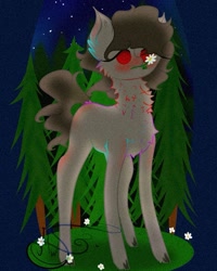 Size: 849x1061 | Tagged: safe, artist:nel_liddell, imported from derpibooru, oc, oc only, pony, chest fluff, flower, flower in mouth, mouth hold, night, outdoors, signature, solo, stars, tree