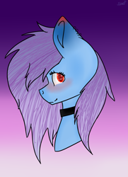 Size: 2085x2875 | Tagged: safe, artist:toptian, imported from derpibooru, oc, oc only, earth pony, pony, blushing, bust, choker, earth pony oc, gradient background, signature, smiling, solo