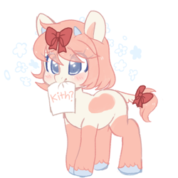 Size: 1000x1000 | Tagged: safe, artist:angelbeat-drift, derpibooru exclusive, imported from derpibooru, oc, oc only, oc:iwa, cow, cow pony, blushing, bow, female, hair bow, horn, mare, paper, simple background, standing, tail bow, unshorn fetlocks