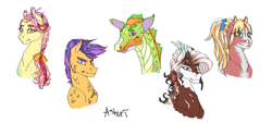 Size: 1588x717 | Tagged: safe, artist:ashurikrbg, imported from derpibooru, oc, oc only, oc:comet blaze, oc:dragonfly, oc:lily, oc:sapphire pip, oc:zealous, hybrid, pony, bust, dragonling, female, interspecies offspring, magical gay spawn, magical lesbian spawn, male, mare, next generation, offspring, parent:big macintosh, parent:discord, parent:flash sentry, parent:fluttershy, parent:marble pie, parent:princess celestia, parent:spike, parent:thorax, parent:tree hugger, parent:twilight sparkle, parents:dislestia, parents:flashlight, parents:flutterhugger, parents:marblemac, parents:thoraxspike, simple background, stallion, white background