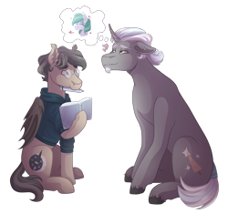 Size: 3300x3100 | Tagged: safe, artist:kikirdcz, imported from derpibooru, oc, oc only, oc:lavender joy, oc:polished lance, oc:waxing lyrical, bat pony, pony, unicorn, male, simple background, stallion, thought bubble, transparent background