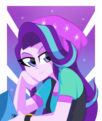 Size: 2448x2904 | Tagged: safe, artist:xan-gelx, imported from derpibooru, starlight glimmer, equestria girls, mirror magic, spoiler:eqg specials, beanie, book, clothes, cute, female, glimmerbetes, hat, high res, lidded eyes, looking at you, sitting, smiling, solo, vest