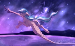 Size: 2954x1828 | Tagged: safe, artist:magic_balance_, artist:magicbalance, imported from derpibooru, oc, oc only, oc:summer ray, pegasus, pony, chest fluff, female, floppy ears, flying, leg fluff, mare, night, night sky, sky, solo, spread wings, starry night, tail band, water, wings