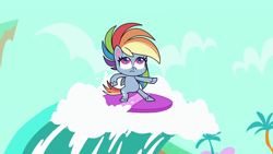 Size: 1920x1080 | Tagged: safe, imported from derpibooru, screencap, rainbow dash, pony, my little pony: pony life, the great divide, spoiler:pony life s01e44, bipedal, g4.5, surfing