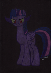 Size: 2051x2924 | Tagged: safe, artist:aracage, imported from derpibooru, twilight sparkle, alicorn, pony, black background, colored pencil drawing, corrupted, corrupted twilight sparkle, dark, dark magic, dark twilight, dark twilight sparkle, darklight, darklight sparkle, evil grin, female, grin, magic, possessed, simple background, smiling, solo, sombra eyes, traditional art, twilight sparkle (alicorn)