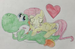 Size: 1280x829 | Tagged: safe, artist:justinvaldecanas, imported from derpibooru, fluttershy, yoshi, blush sticker, blushing, crossover, crossover shipping, deviantart watermark, female, flutteryoshi, heart, male, obtrusive watermark, shipping, simple background, straight, super mario bros., traditional art, watermark, white background