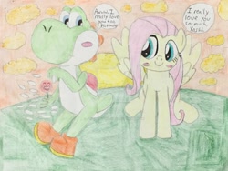 Size: 1280x960 | Tagged: safe, artist:justinvaldecanas, imported from derpibooru, fluttershy, yoshi, crossover, crossover shipping, deviantart watermark, dialogue, female, flutteryoshi, male, obtrusive watermark, shipping, straight, super mario bros., traditional art, watermark