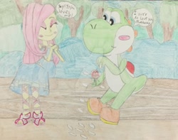 Size: 1280x1008 | Tagged: safe, artist:justinvaldecanas, imported from derpibooru, fluttershy, yoshi, equestria girls, crossover, crossover shipping, deviantart watermark, dialogue, feet, flower, flutteryoshi, obtrusive watermark, sandals, shipping, super mario bros., traditional art, watermark