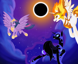Size: 4028x3337 | Tagged: safe, imported from derpibooru, daybreaker, nightmare moon, twilight sparkle, alicorn, fly, insect, pony, the last problem, armor, armored pony, cloud, corrupted, corrupted celestia, corrupted luna, daybreaker armor, eclipse, evil, evil grin, evil laugh, fanart, fangs, female, flying, grin, horn, laughing, mare, nightmare moon armor, older, older twilight, princess twilight 2.0, smiling, spread wings, twilight sparkle (alicorn), wings