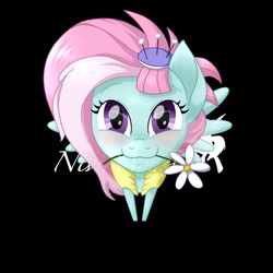 Size: 1500x1500 | Tagged: safe, artist:nivimonster, imported from derpibooru, kerfuffle, pegasus, pony, cute, flower, fufflebetes, looking at you, mouth hold, purple eyes, simple background