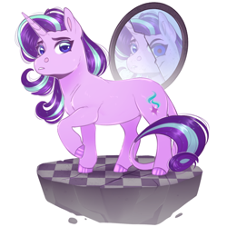 Size: 1080x1080 | Tagged: safe, artist:sadelinav, imported from derpibooru, starlight glimmer, pony, unicorn, broken mirror, duality, evil starlight, female, floating island, looking at you, mare, mirror, raised hoof, simple background, solo, standing, white background