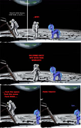 Size: 830x1300 | Tagged: safe, alternate version, artist:jhonnyrebel, imported from derpibooru, princess luna, alicorn, human, pony, apollo, apollo (spacecraft), astronaut, female, luna and the nauts, male, mare, moon, moon landing, neil armstrong, nope, s1 luna, sad, space, vulgar