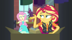 Size: 1920x1080 | Tagged: safe, imported from derpibooru, screencap, fluttershy, sunset shimmer, spider, costume conundrum, costume conundrum: sunset shimmer, equestria girls, equestria girls series, spoiler:eqg series (season 2), female, geode of empathy, geode of fauna, magical geodes