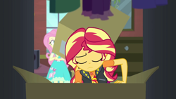 Size: 1920x1080 | Tagged: safe, imported from derpibooru, screencap, fluttershy, sunset shimmer, costume conundrum, costume conundrum: sunset shimmer, equestria girls, equestria girls series, spoiler:eqg series (season 2), eyes closed, female, geode of empathy, magical geodes