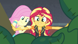 Size: 1920x1080 | Tagged: safe, imported from derpibooru, screencap, fluttershy, sunset shimmer, costume conundrum, costume conundrum: sunset shimmer, equestria girls, equestria girls series, spoiler:eqg series (season 2), female, geode of empathy, geode of fauna, magical geodes, nervous