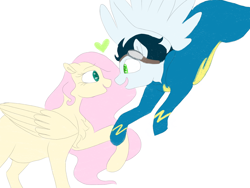 Size: 2828x2121 | Tagged: safe, artist:doodletheexpoodle, imported from derpibooru, fluttershy, soarin', pegasus, pony, chest fluff, clothes, female, heart, holding hooves, looking at each other, male, mare, shipping, simple background, soarinshy, stallion, straight, uniform, white background, wonderbolts uniform