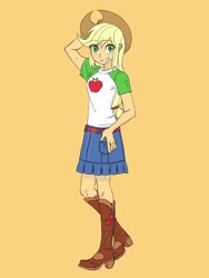 Size: 1620x2160 | Tagged: safe, artist:haibaratomoe, imported from derpibooru, applejack, equestria girls, female, orange background, simple background, solo