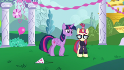 Size: 1280x720 | Tagged: safe, imported from derpibooru, screencap, moondancer, twilight sparkle, alicorn, pony, unicorn, amending fences, balloon, clothes, female, glasses, hat, mare, party hat, sweater, twilight sparkle (alicorn)