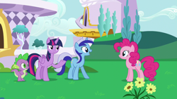 Size: 1280x720 | Tagged: safe, imported from derpibooru, screencap, minuette, pinkie pie, spike, twilight sparkle, alicorn, dragon, earth pony, pony, unicorn, amending fences, female, mare, twilight sparkle (alicorn)