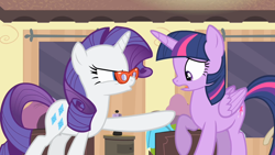 Size: 1280x720 | Tagged: safe, imported from derpibooru, screencap, rarity, twilight sparkle, alicorn, pony, unicorn, rarity takes manehattan, female, glasses, mare, pointing, twilight sparkle (alicorn)